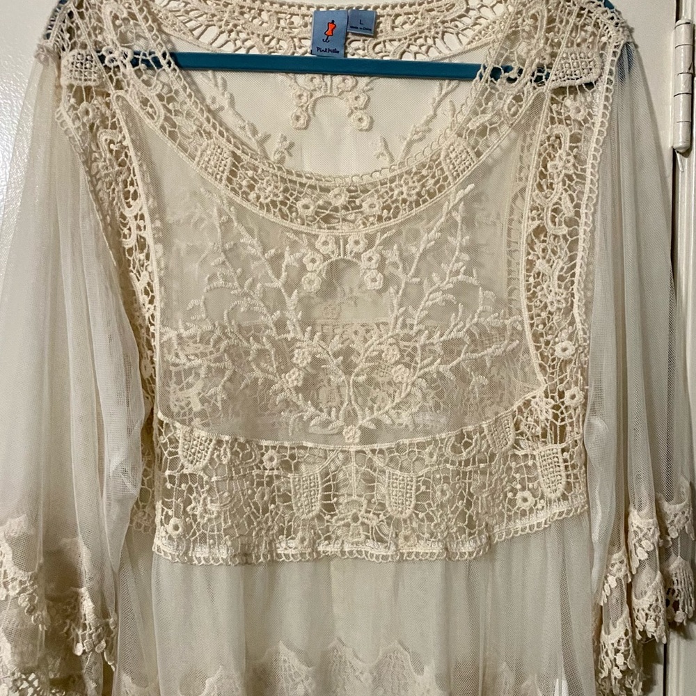 Pink Melo Mesh Shear Long sleeve Top Cream Color (Large)